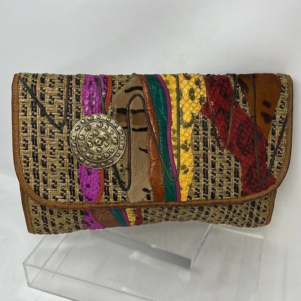 Carlos Falchi Woven Leather and Hemp and Exotic Patchwork of Skins Clutch Bag